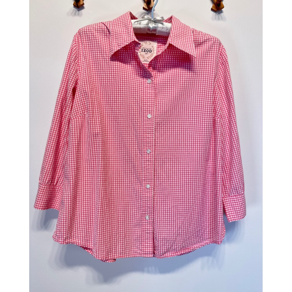 Pink & White Gingham Cotton IZOD Blouse Button Down Shirt Top Large